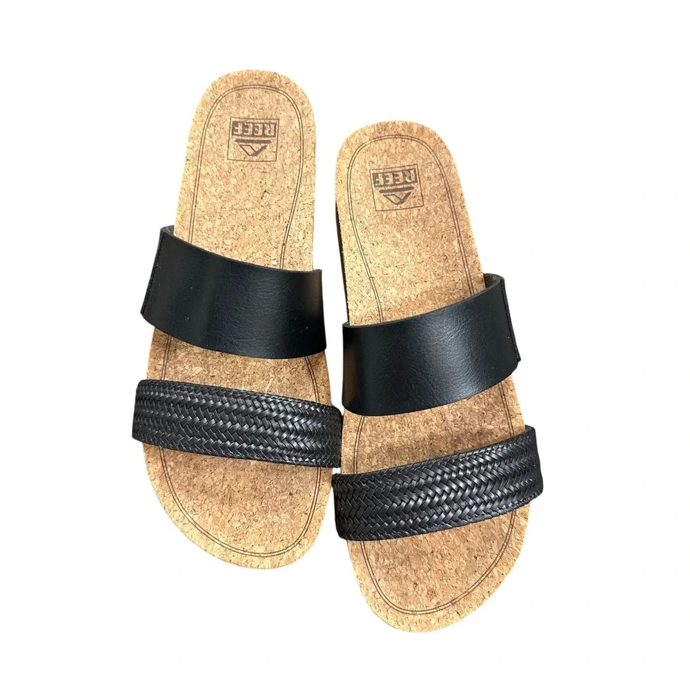 Reef Cushion Vista Hi Platform Sandals Black Braided Cork Slides Womens 10